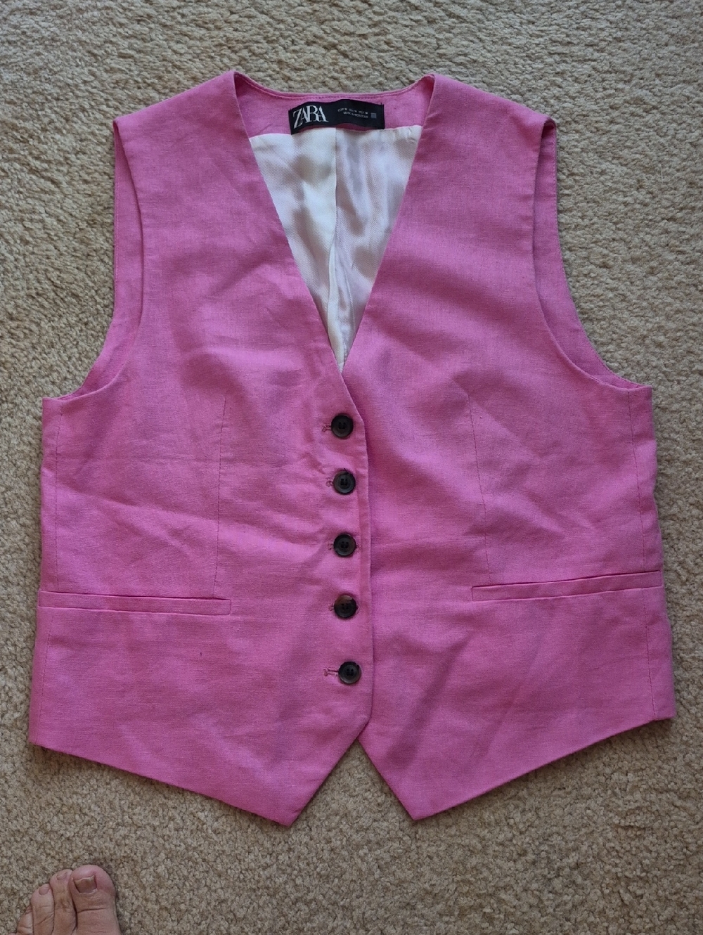 Zara Bright Pink Linen-Blend Button Vest
